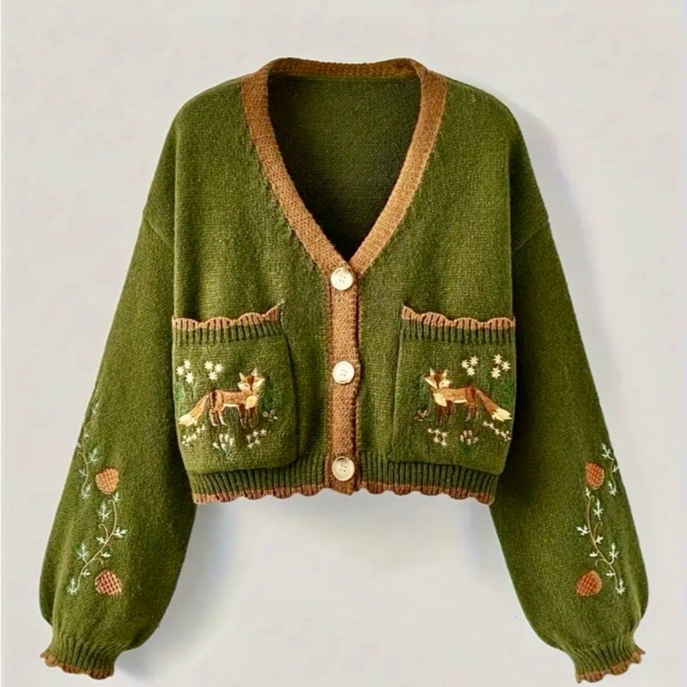 Fall Fox Embroidered Sweater Cardigan